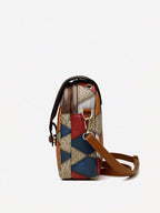 1pc Color Block Rhombus Pattern Fabric Decorated Crossbody Bag With Flap shein