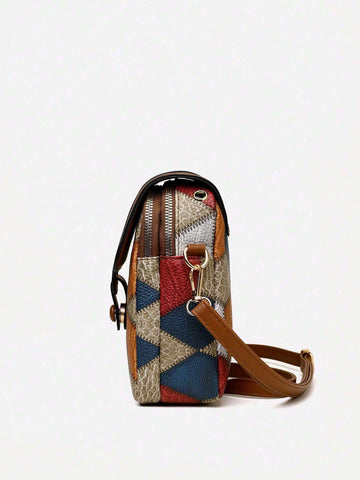 1pc Color Block Rhombus Pattern Fabric Decorated Crossbody Bag With Flap