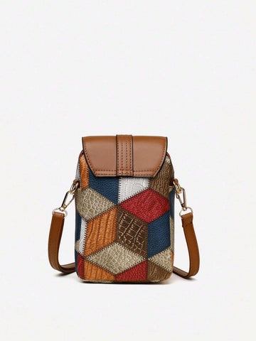 1pc Color Block Rhombus Pattern Fabric Decorated Crossbody Bag With Flap