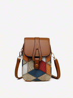 1pc Color Block Rhombus Pattern Fabric Decorated Crossbody Bag With Flap shein