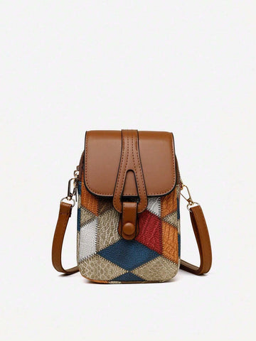 1pc Color Block Rhombus Pattern Fabric Decorated Crossbody Bag With Flap