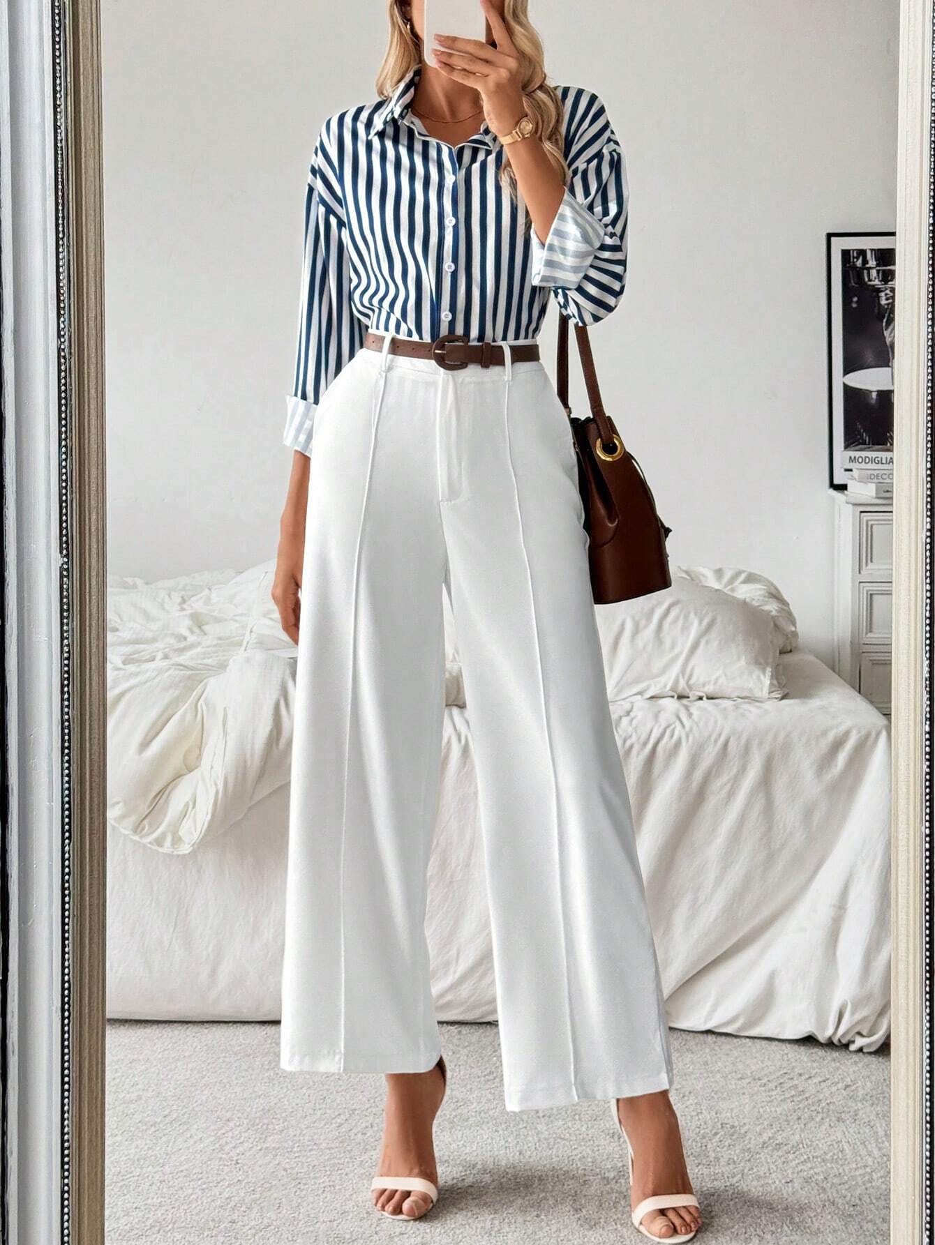 Frenchy Striped Collared Casual Shirt Paired With Straight White Pants shein