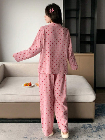 DAZY Ladies' Simple Everyday Heart Print Pajama Set shein