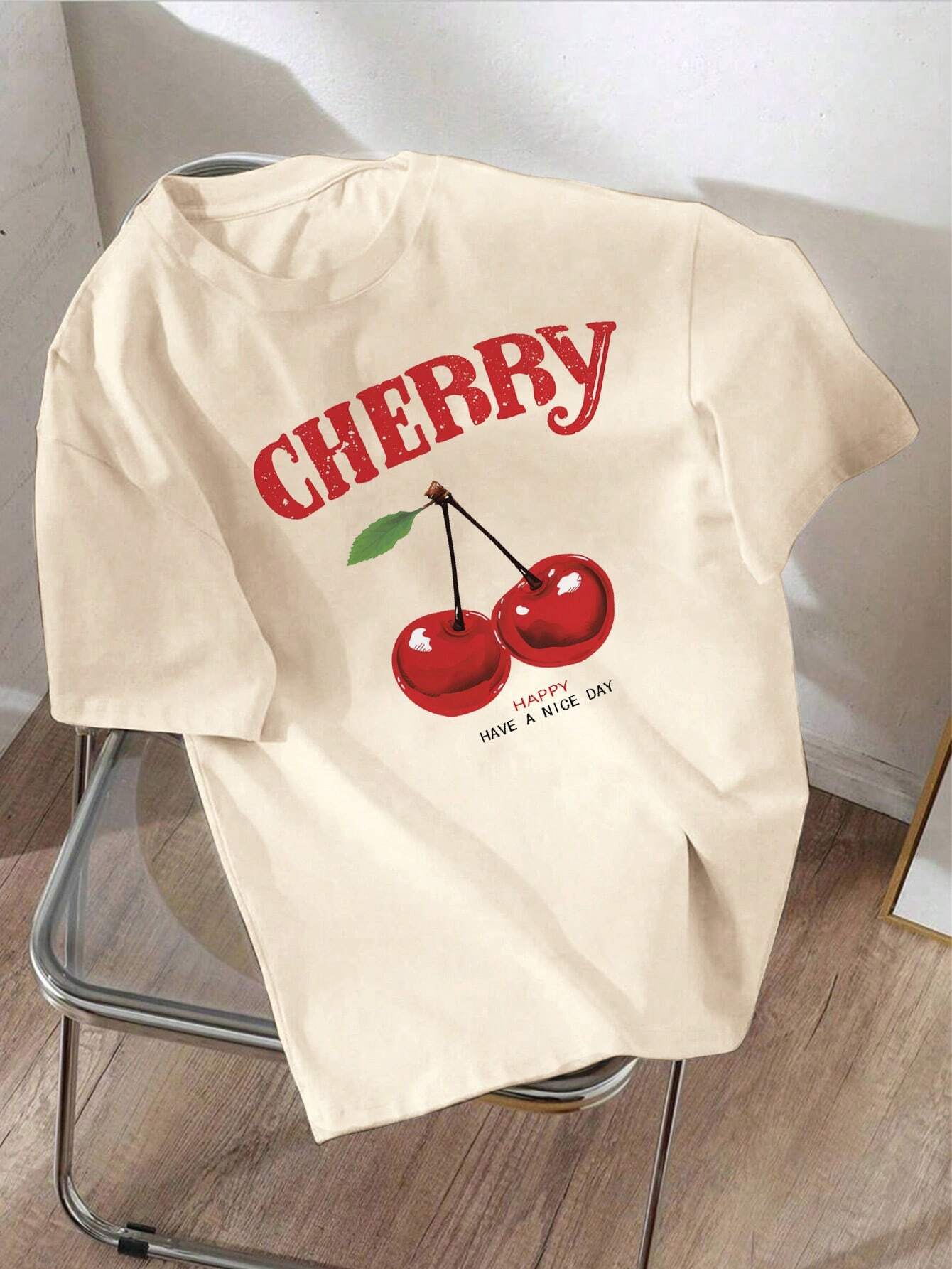 EZwear Oversized Casual Cherry Pattern Round Neck Short Sleeve T-Shirt shein