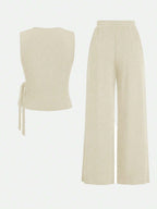 Unity Ladies' Solid Color Cross Wrap Tie Sleeveless Top And Long Pants Casual Two-Piece Set shein