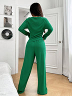EZwear Knitted Women's Slim Fit Boat Neck Long Sleeve Top And Wide Leg Pants Set shein
