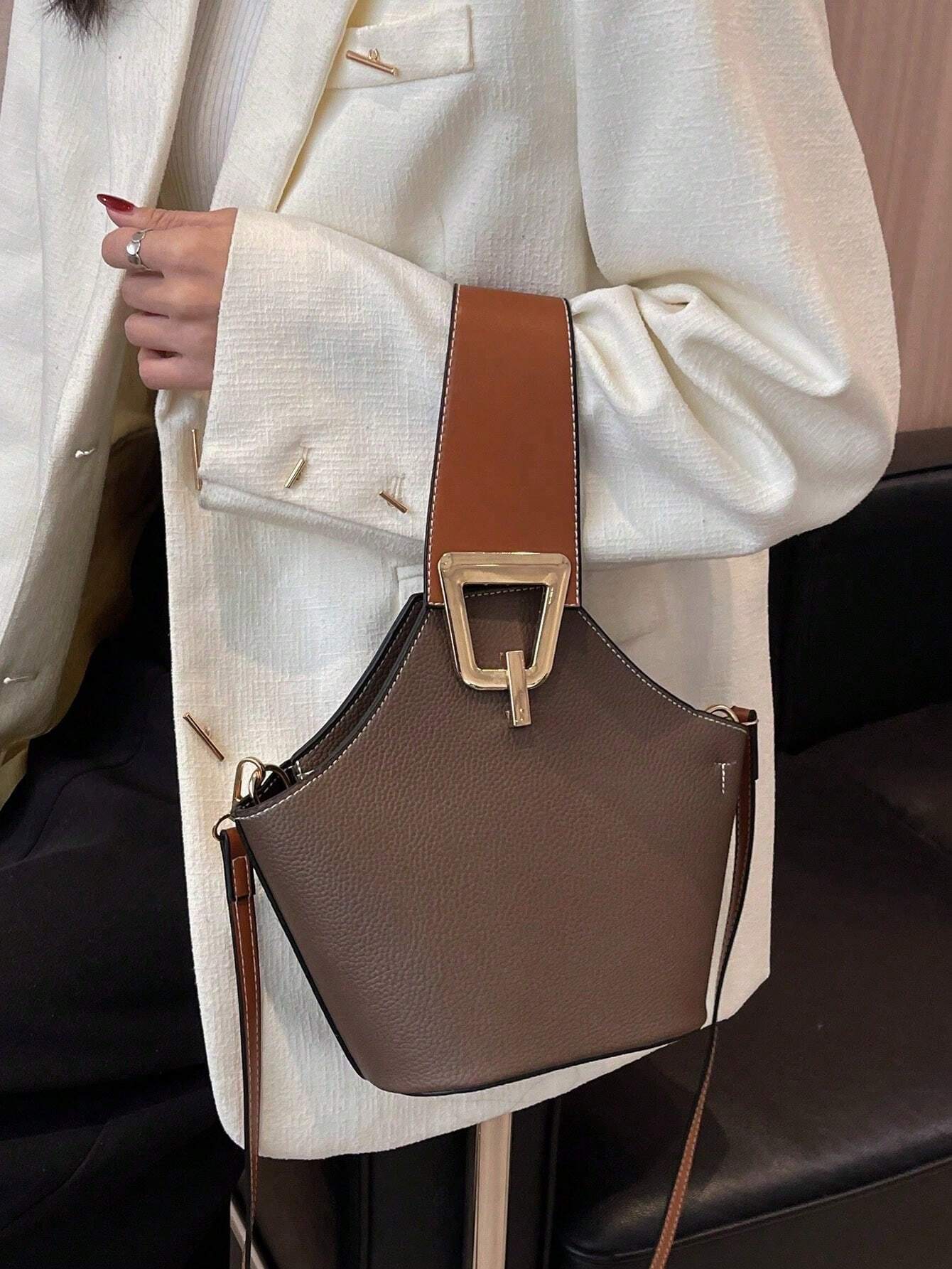 High Sense Bag Color Matching Handbag Cross-Body Bucket Bag shein