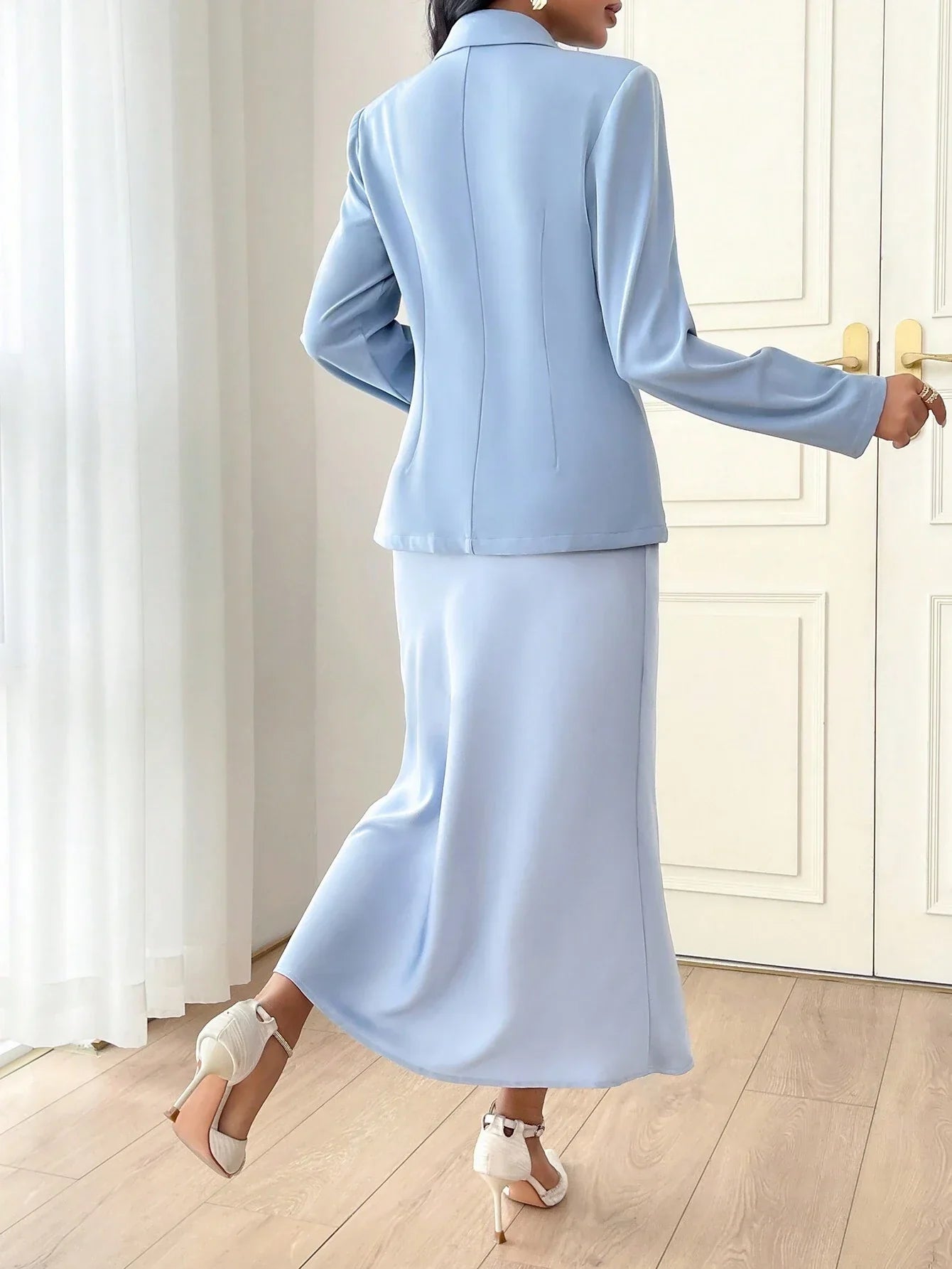 Modely Ladies' Solid Color Simple Daily Wear Suit With Long Sleeve Jacket And Dress shein