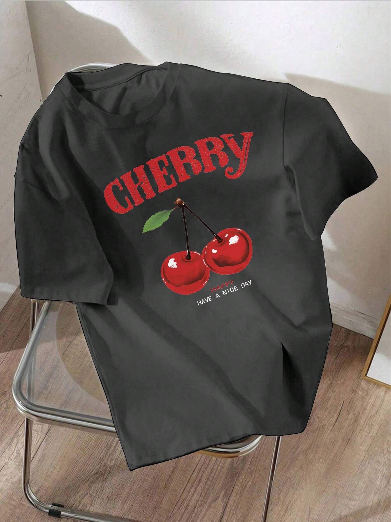 EZwear Oversized Casual Cherry Pattern Round Neck Short Sleeve T-Shirt shein