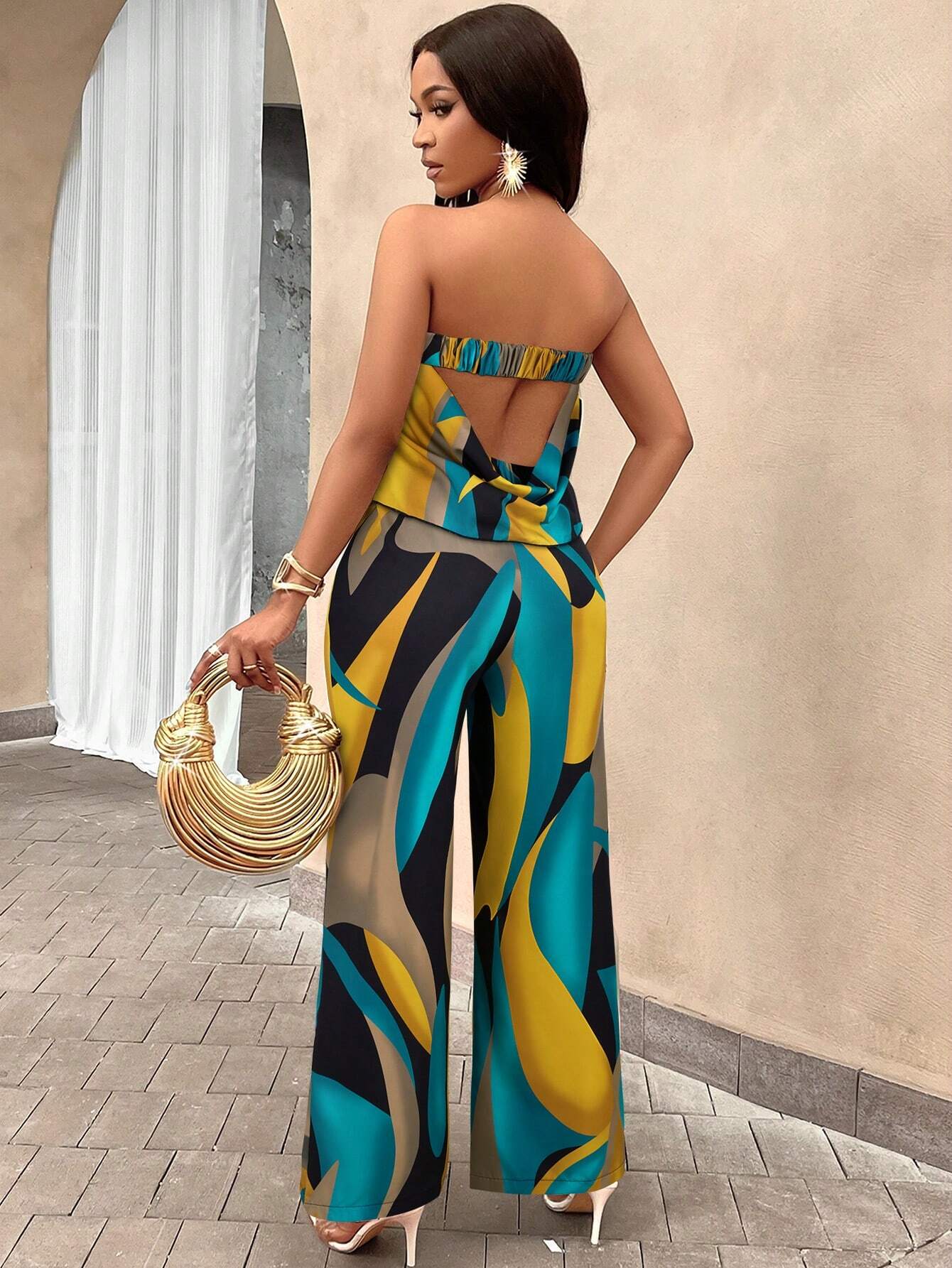 Slayr Geo Print Draped Back Tube Top & Wide Leg Pants Set shein
