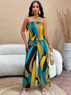 Slayr Geo Print Draped Back Tube Top & Wide Leg Pants Set shein