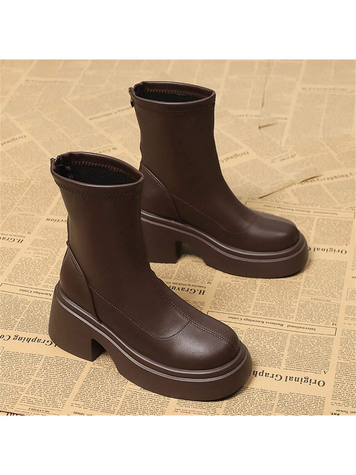 French Style Chunky Heel Boots With Height-Boosting Thick Sole, Round Toe And Waterproof Platform For Women shein