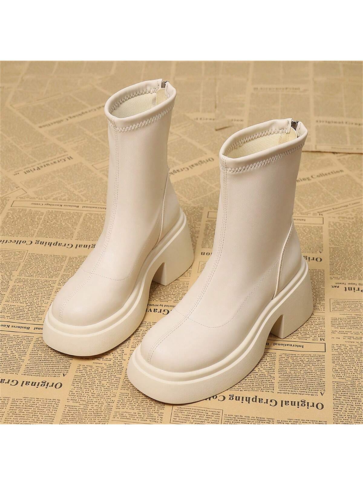 French Style Chunky Heel Boots With Height-Boosting Thick Sole, Round Toe And Waterproof Platform For Women shein