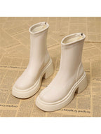 French Style Chunky Heel Boots With Height-Boosting Thick Sole, Round Toe And Waterproof Platform For Women shein