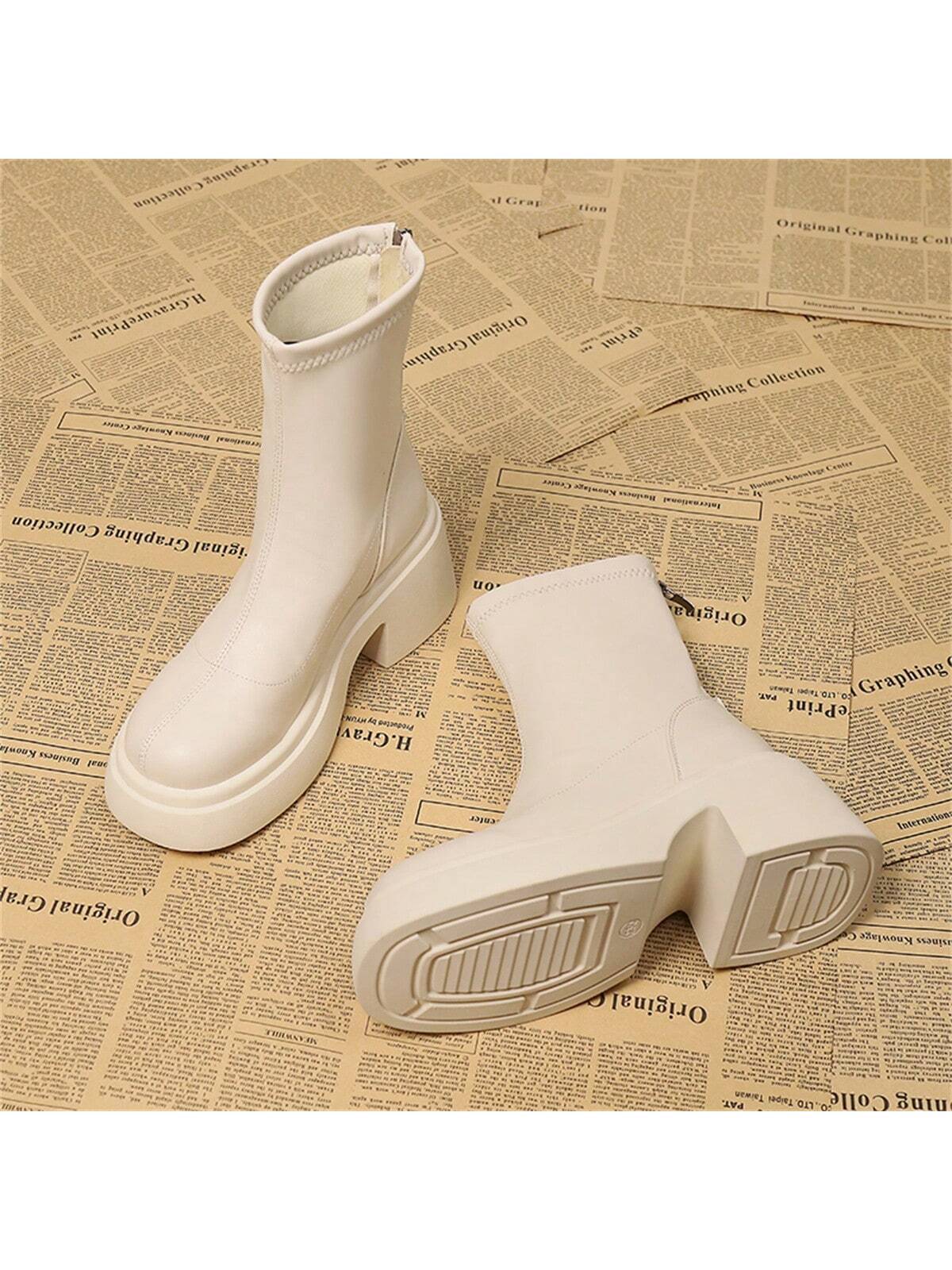 French Style Chunky Heel Boots With Height-Boosting Thick Sole, Round Toe And Waterproof Platform For Women shein