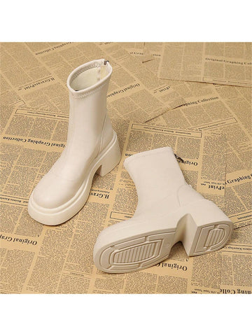 French Style Chunky Heel Boots With Height-Boosting Thick Sole, Round Toe And Waterproof Platform For Women shein