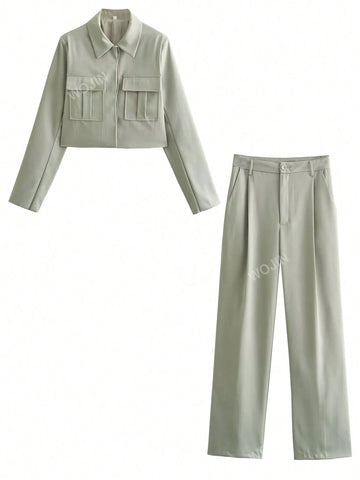 Women Simple Short Jacket And Casual Long Pants Set shein