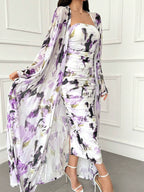 Modely Allover Print Tube Bodycon Dress & Open Front Coat shein