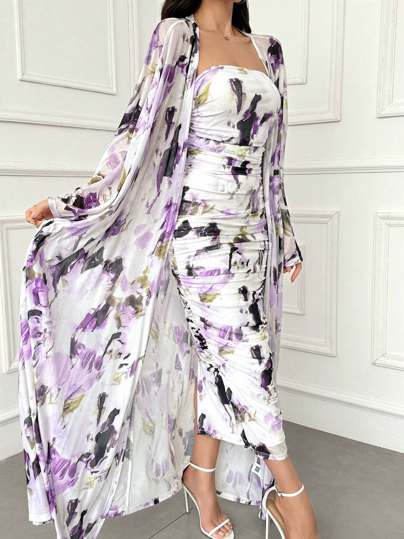 Modely Allover Print Tube Bodycon Dress & Open Front Coat shein