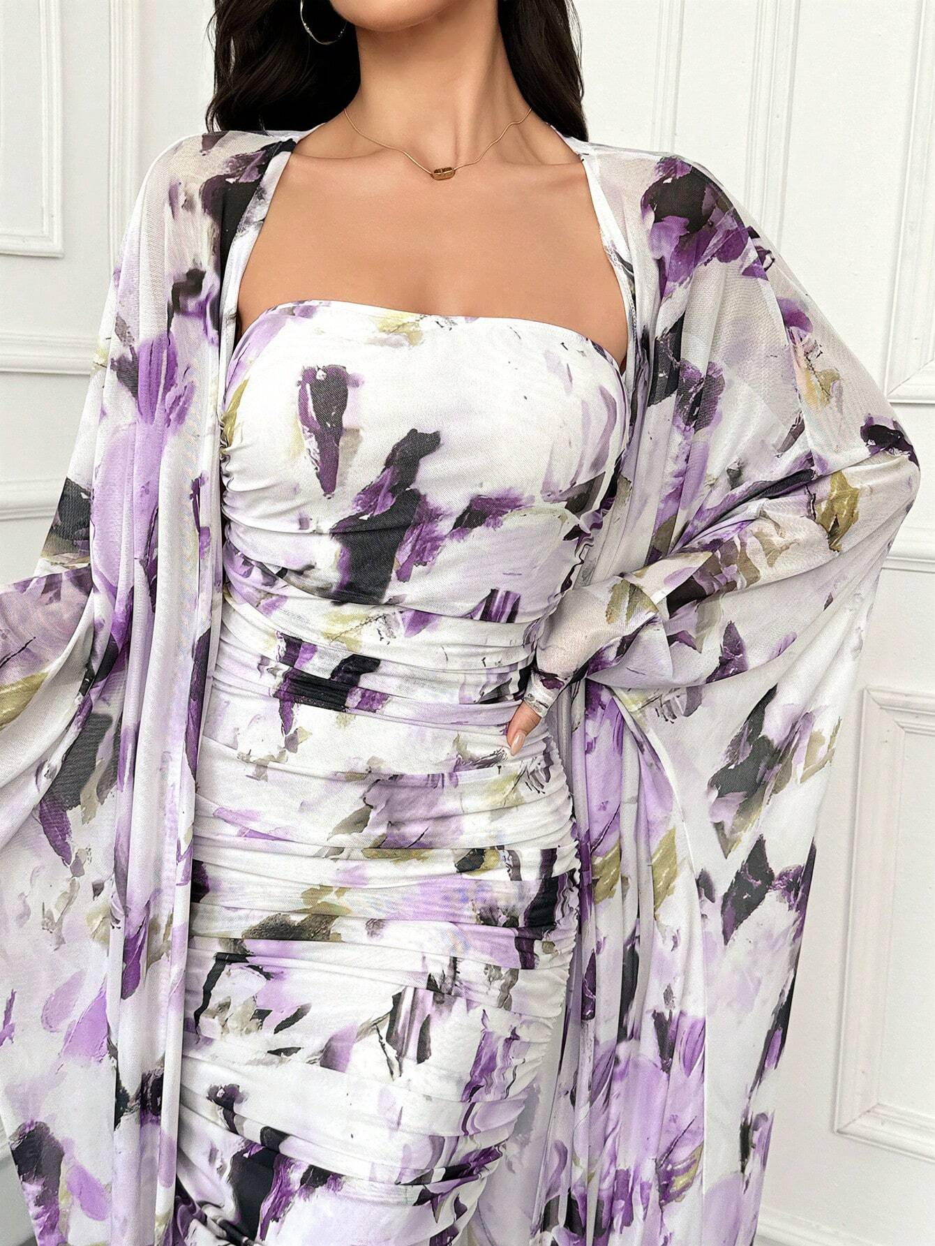 Modely Allover Print Tube Bodycon Dress & Open Front Coat shein