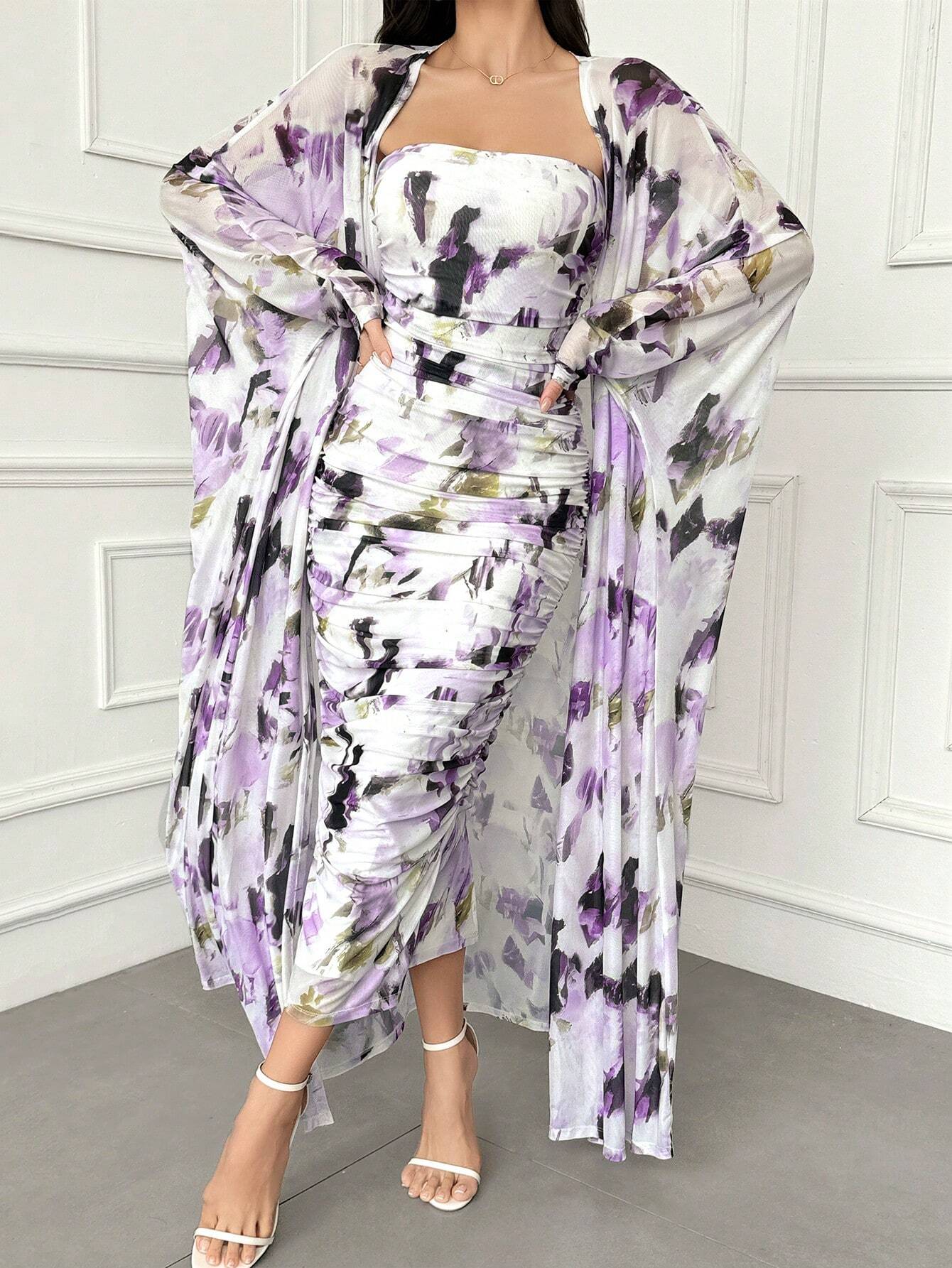 Modely Allover Print Tube Bodycon Dress & Open Front Coat shein