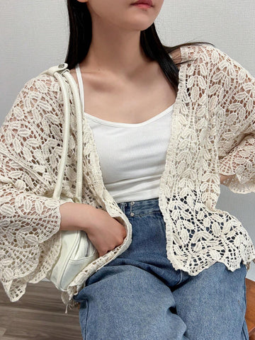 FRIFUL Women's Solid Color Simple Everyday Openwork Cardigan shein