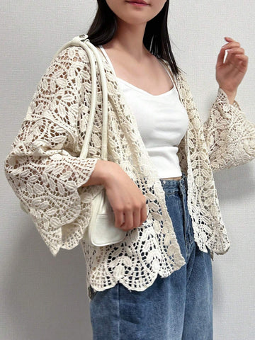 FRIFUL Women's Solid Color Simple Everyday Openwork Cardigan shein