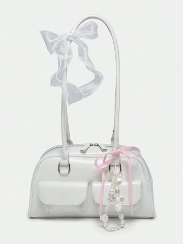 Women Retro Sweet Plaid Bow Decor Cherry Heart Shoulder Underarm Bag
