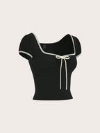 MOD Tomato Girl Summer Bow Puff Sleeve Women's Slim Fit T-Shirt shein