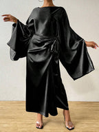 Privé Women's Spring/Summer Solid Color Batwing Sleeve Top And Knotted Waist Long Midi Skirt shein
