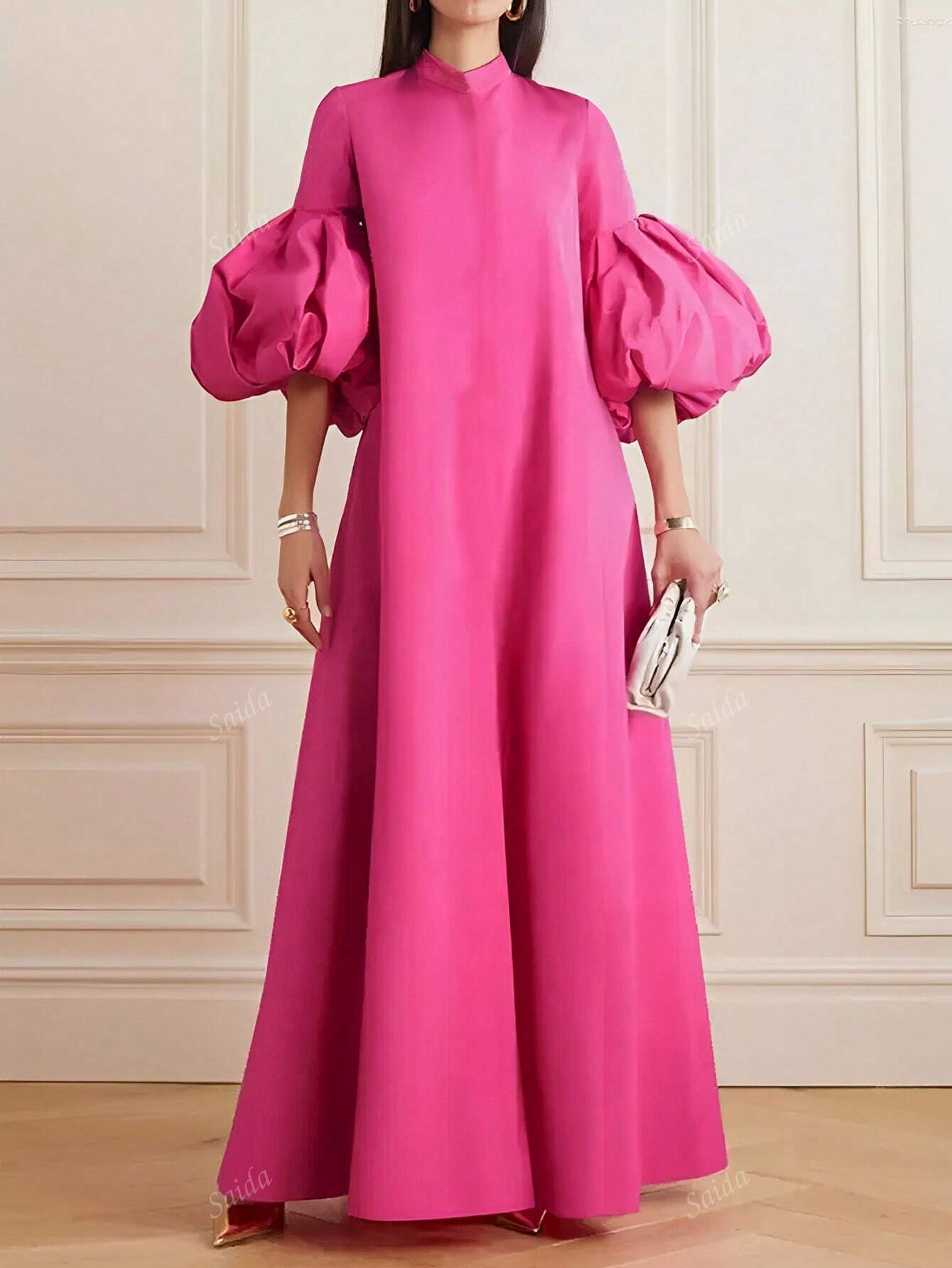 Women Elegant Solid Colored Stand Collar Bishop Sleeve Maxi Formal Dress shein