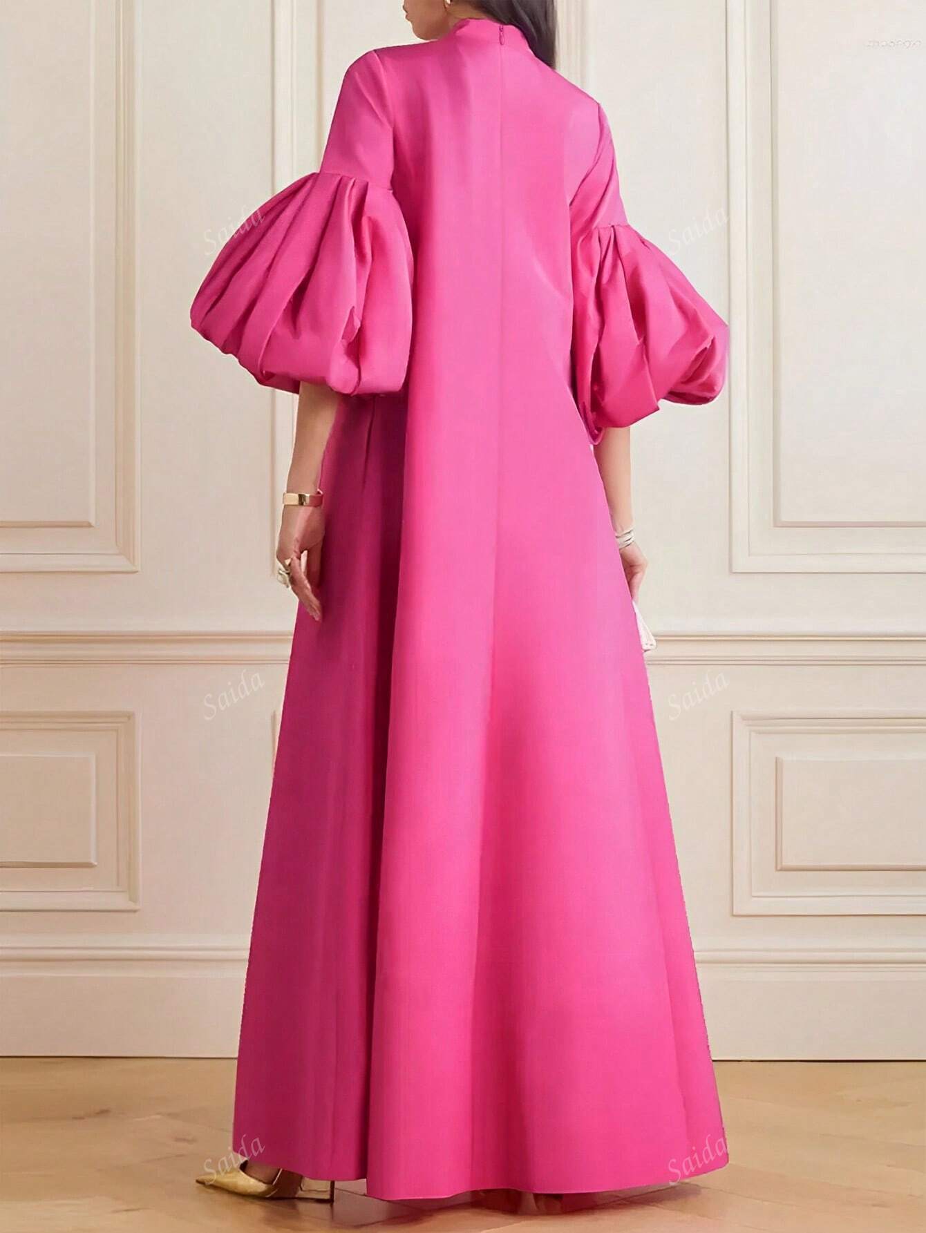 Women Elegant Solid Colored Stand Collar Bishop Sleeve Maxi Formal Dress shein