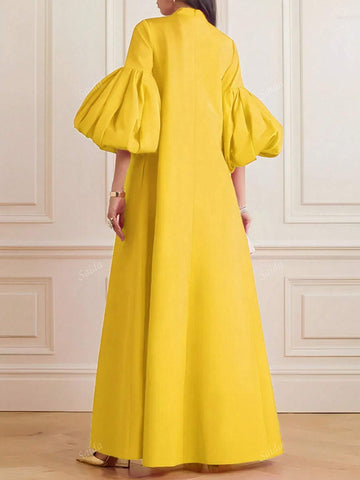 Women Elegant Solid Colored Stand Collar Bishop Sleeve Maxi Formal Dress shein