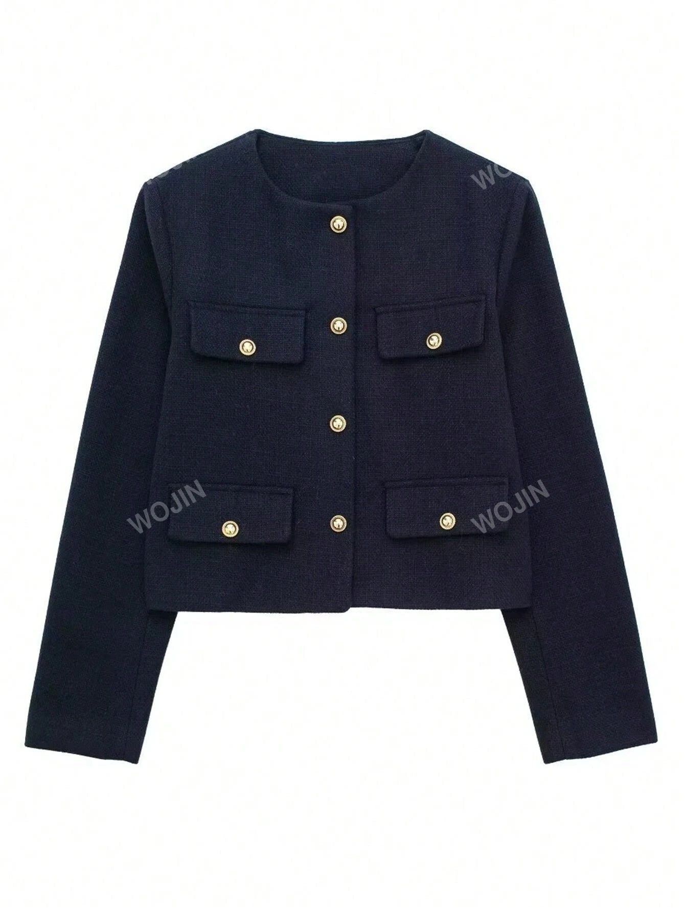 Women's Elegant Casual Tweed Jacket Round Neckline Decorated Long Sleeves Solid Colour Coat shein