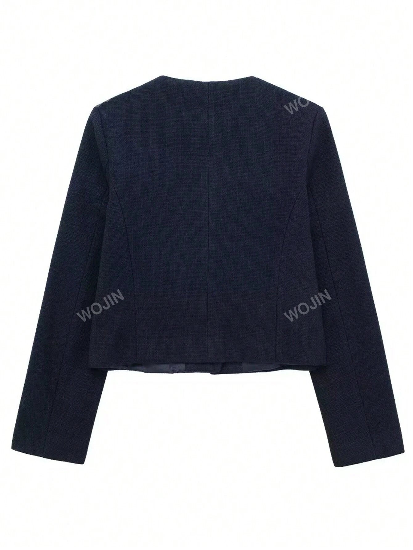 Women's Elegant Casual Tweed Jacket Round Neckline Decorated Long Sleeves Solid Colour Coat shein