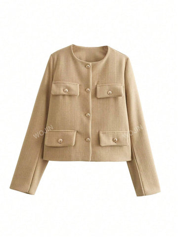 Women's Elegant Casual Tweed Jacket Round Neckline Decorated Long Sleeves Solid Colour Coat shein