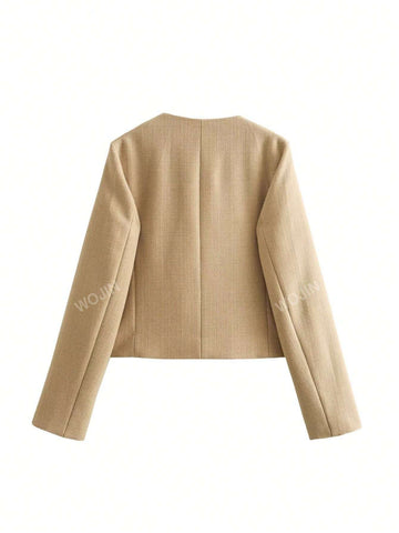 Women's Elegant Casual Tweed Jacket Round Neckline Decorated Long Sleeves Solid Colour Coat shein