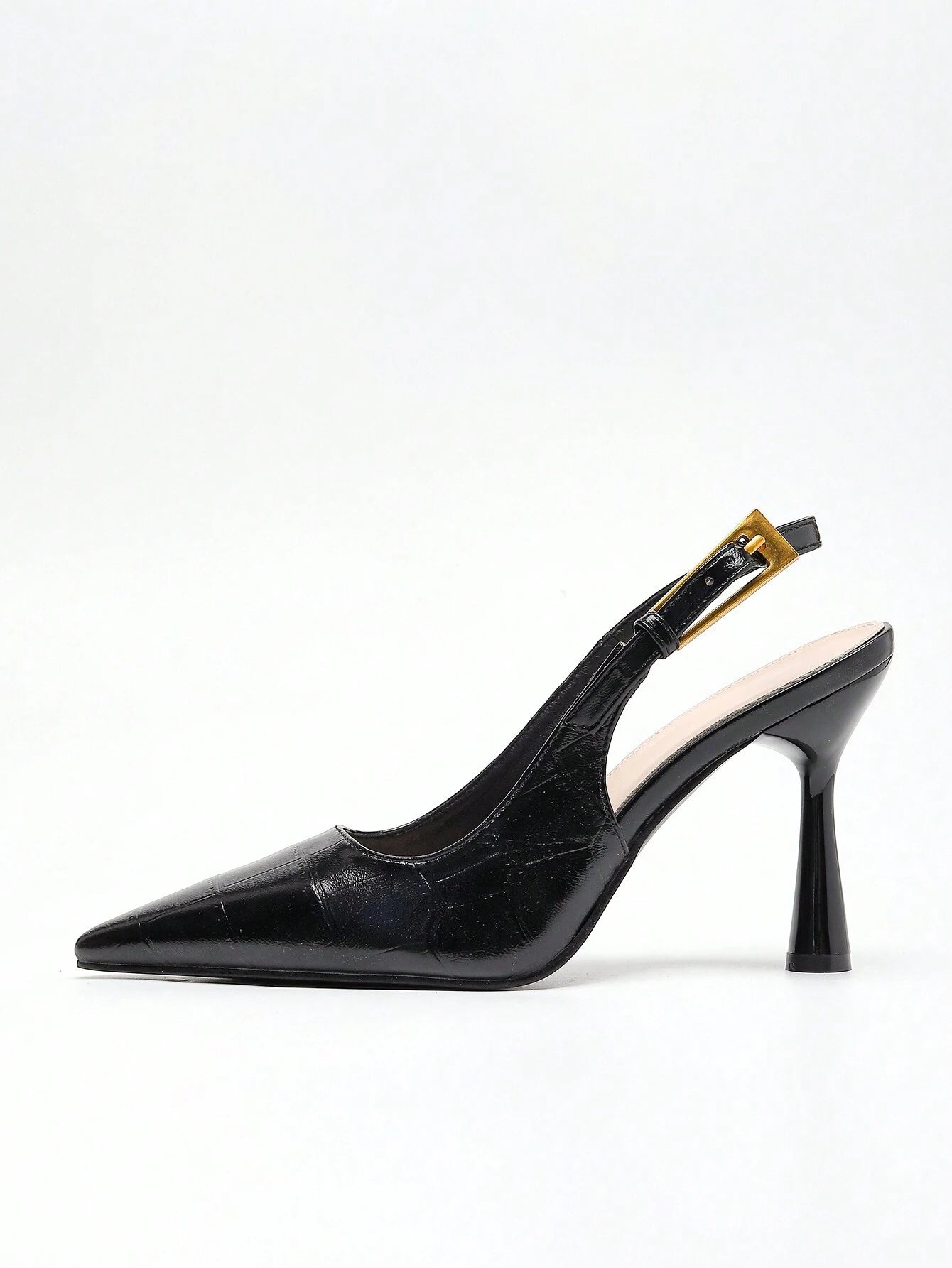Women's Pointed Toe Fashion Button Detail Patent Leather Slip-On Heeled Pumps shein