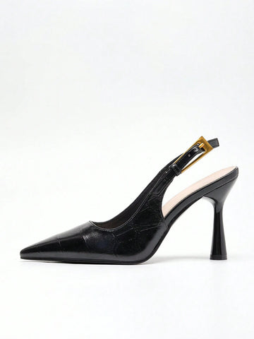 Women's Pointed Toe Fashion Button Detail Patent Leather Slip-On Heeled Pumps