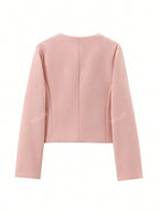 Women's Elegant Casual Tweed Jacket Round Neckline Decorated Long Sleeves Solid Colour Coat shein