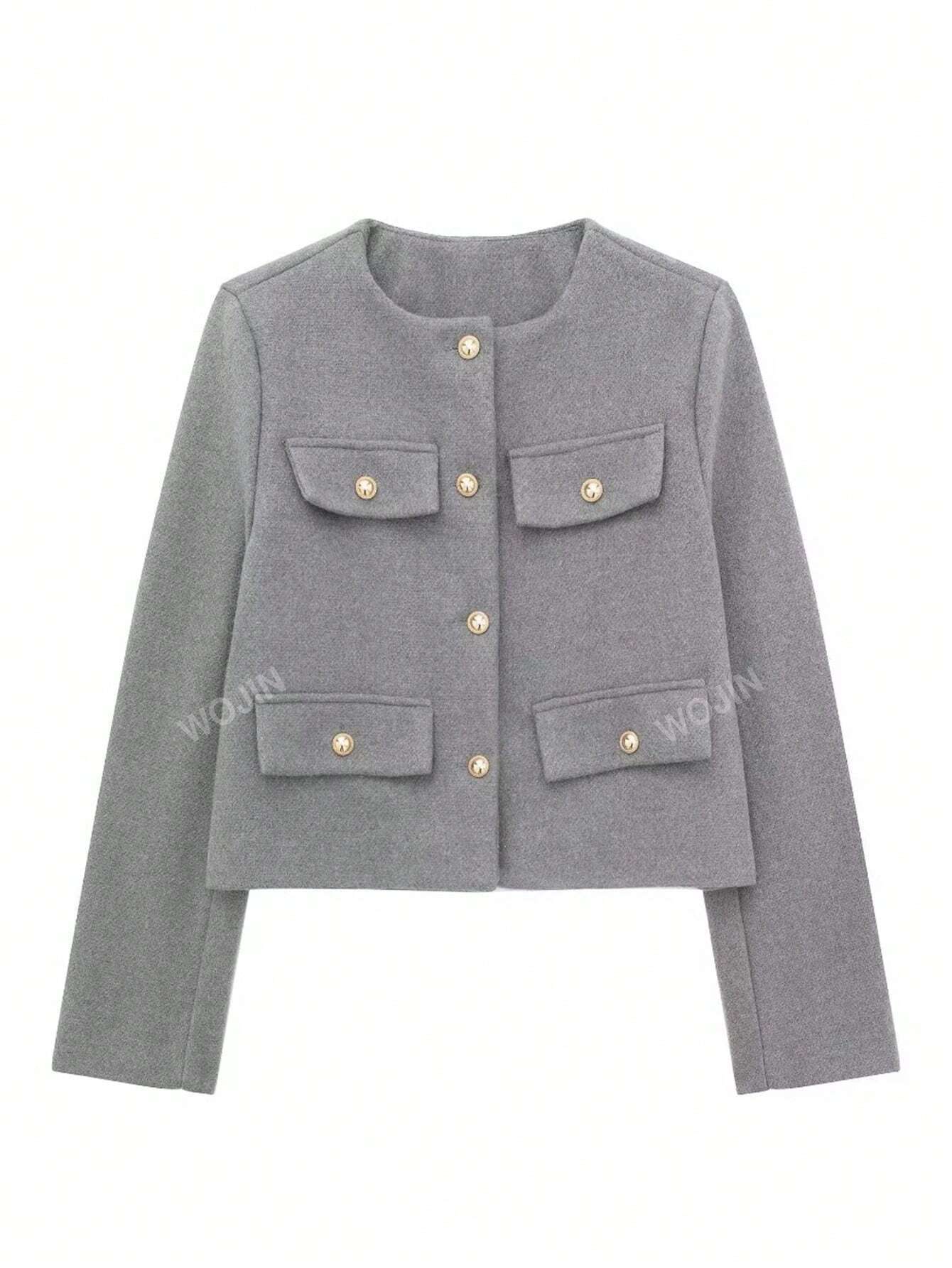 Women's Elegant Casual Tweed Jacket Round Neckline Decorated Long Sleeves Solid Colour Coat shein