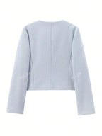 Women's Elegant Casual Tweed Jacket Round Neckline Decorated Long Sleeves Solid Colour Coat shein