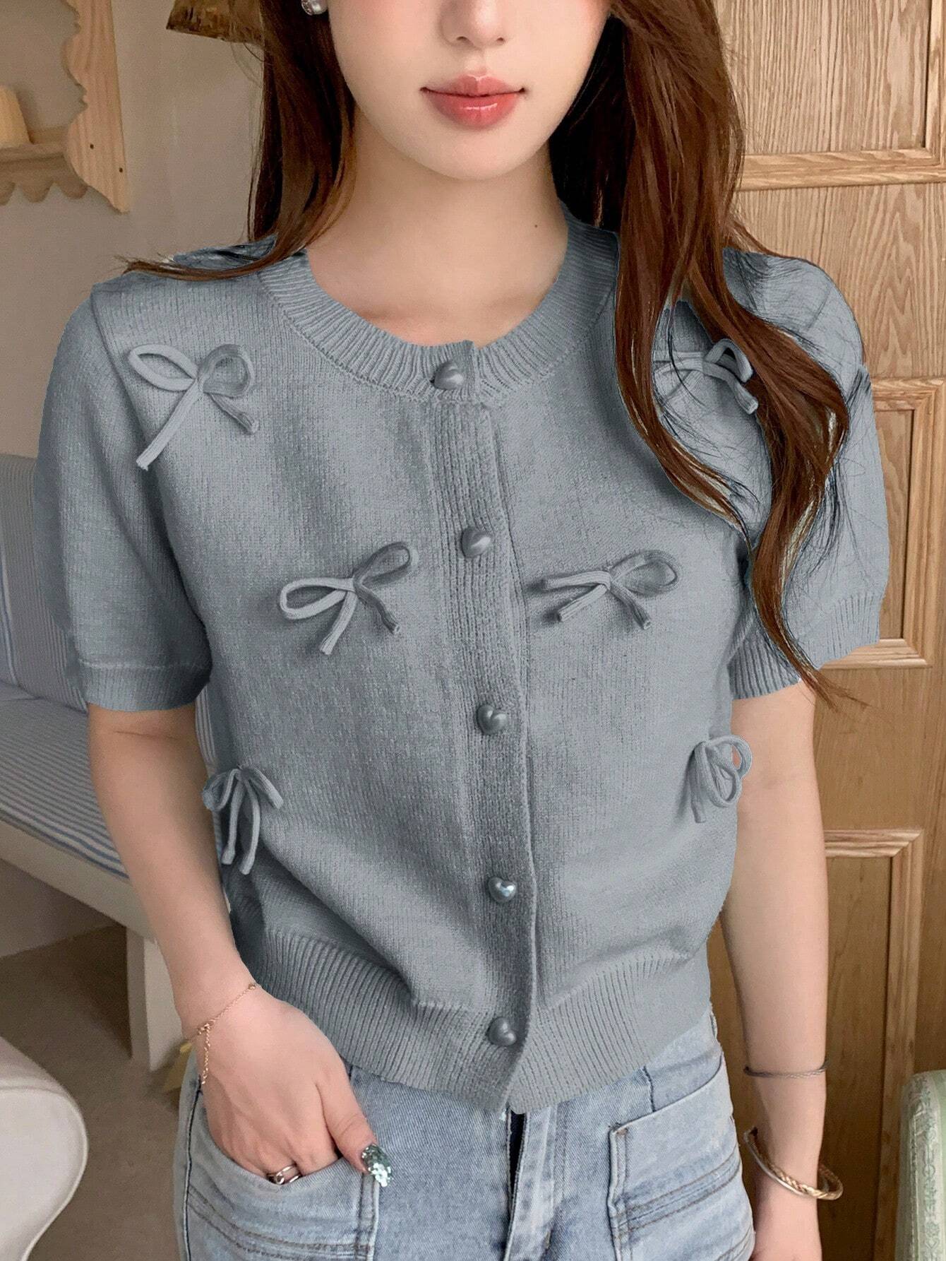 DAZY Solid Color Short Sleeve Round Neck Bow Tie Women Cardigan shein