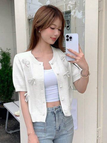 DAZY Solid Color Short Sleeve Round Neck Bow Tie Women Cardigan shein