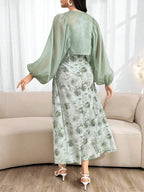 Modely Women's Summer Elegant Solid Color Lantern Sleeve Top With Floral Print Halter Dress Set shein