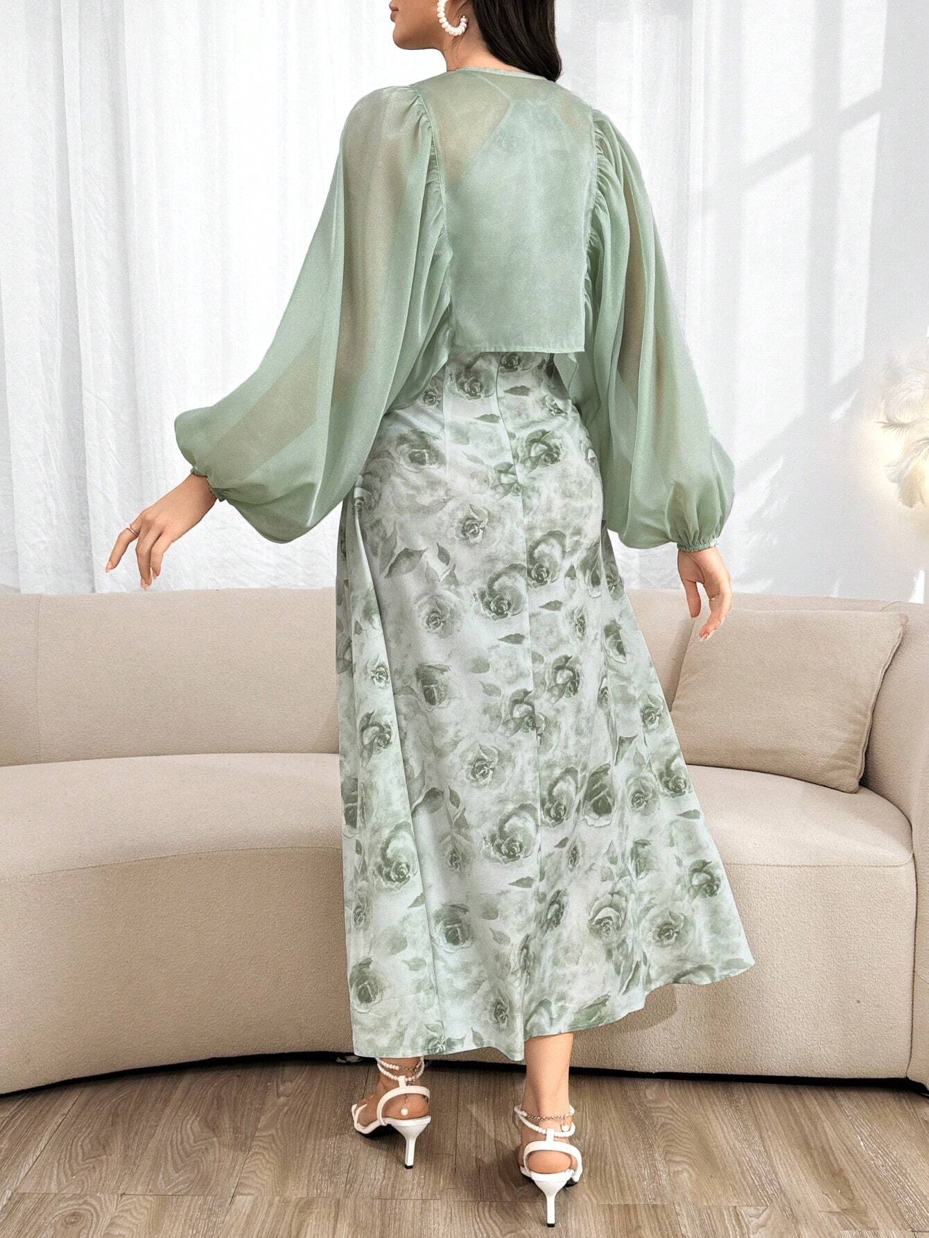 Modely Women's Summer Elegant Solid Color Lantern Sleeve Top With Floral Print Halter Dress Set shein
