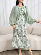 Modely Women's Summer Elegant Solid Color Lantern Sleeve Top With Floral Print Halter Dress Set shein