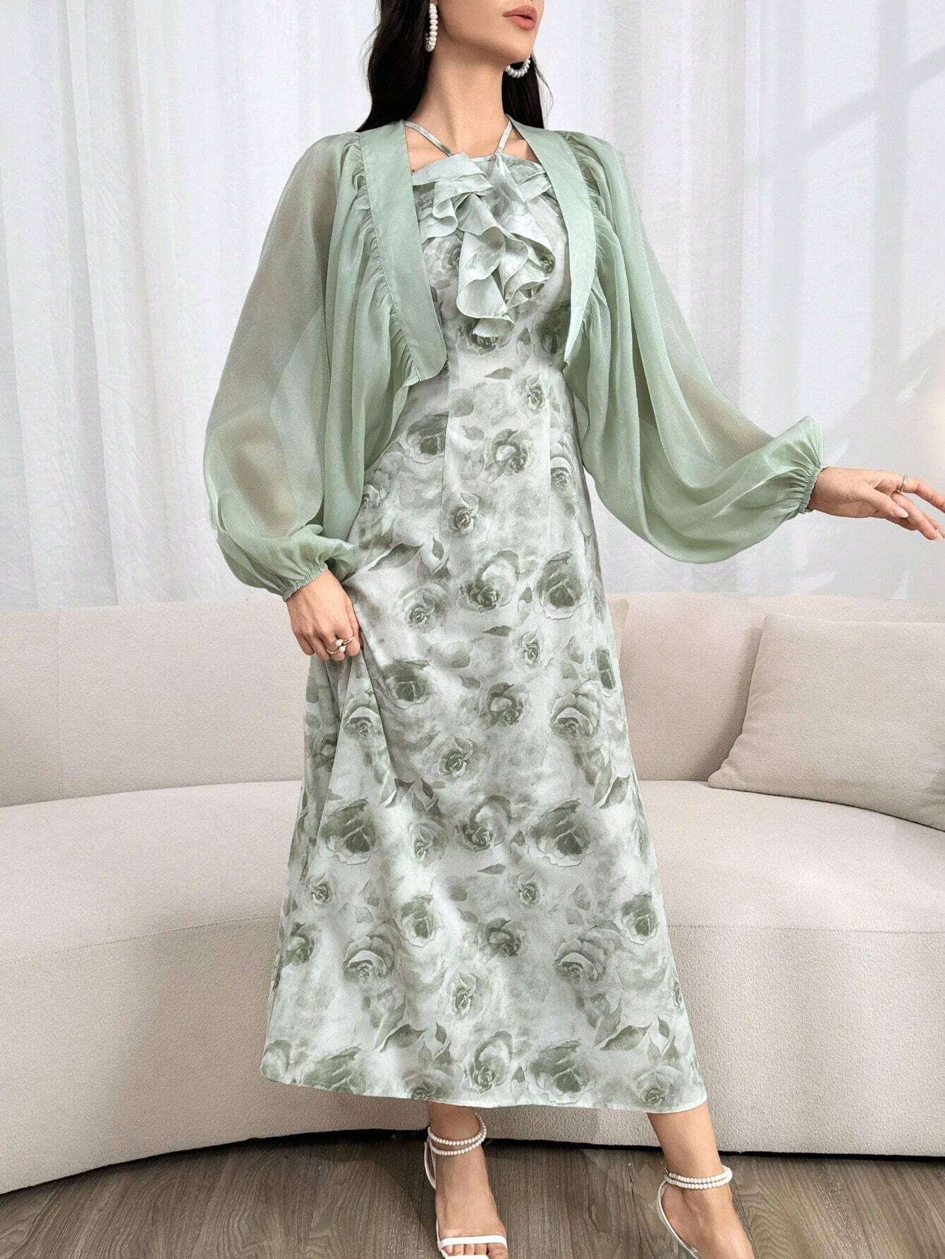 Modely Women's Summer Elegant Solid Color Lantern Sleeve Top With Floral Print Halter Dress Set shein
