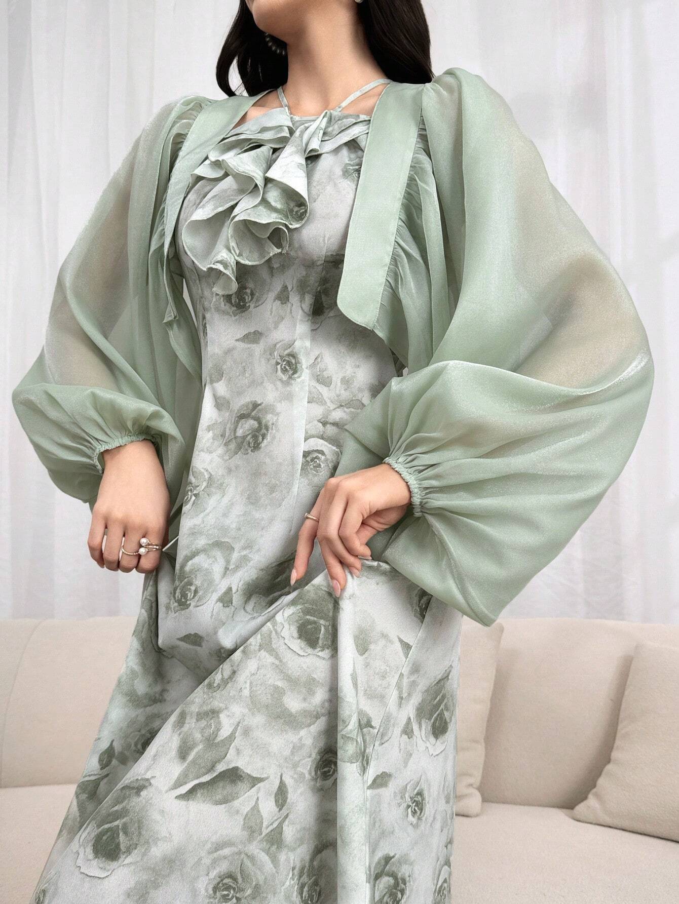 Modely Women's Summer Elegant Solid Color Lantern Sleeve Top With Floral Print Halter Dress Set shein