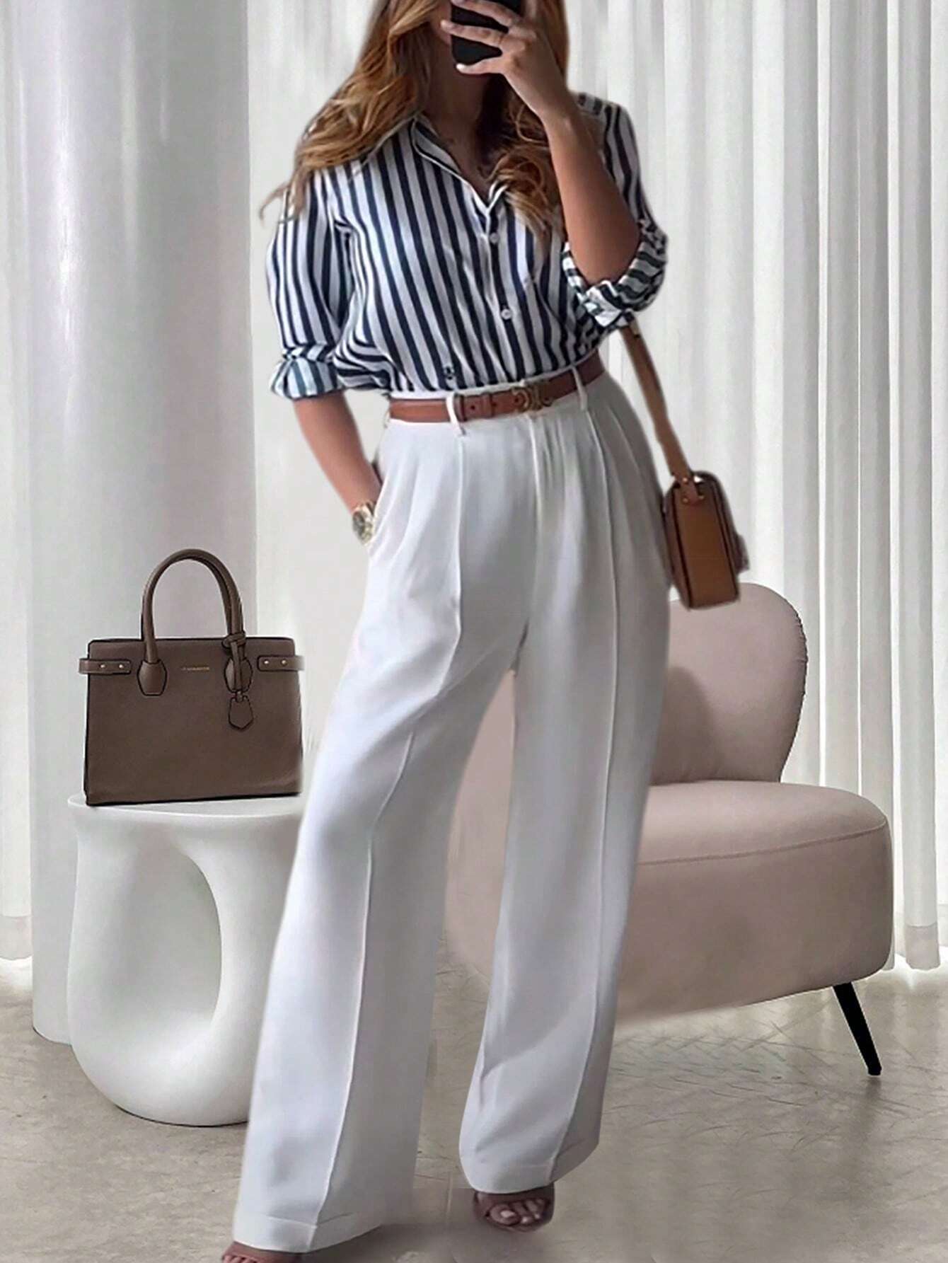 Frenchy Striped Collared Casual Shirt Paired With Straight White Pants shein